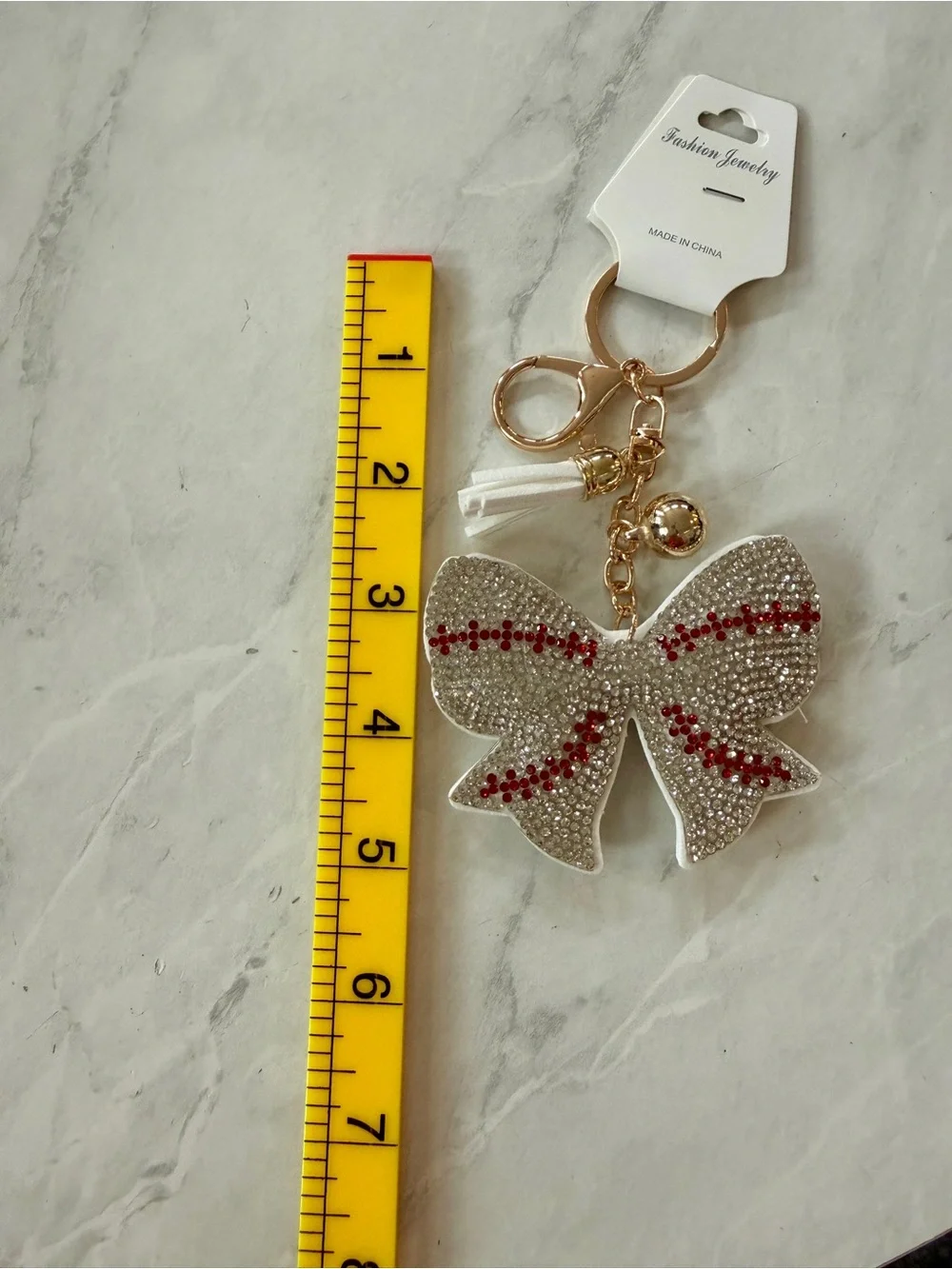✨ NWT Rhinestone Bling Baseball Bow Keychain & Bag Charm with tassel ✨